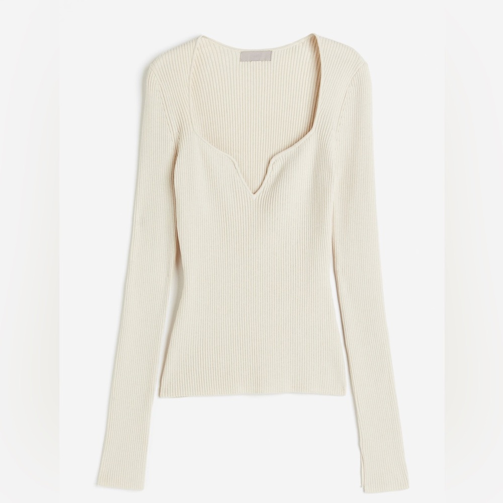H&M Light Beige Rib-Knit Sweetheart-Neckline Top